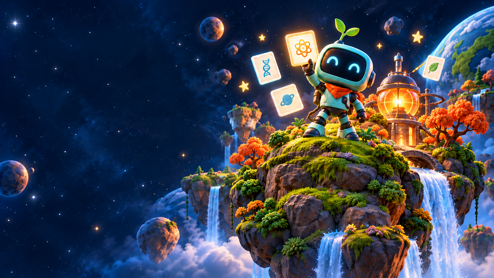 Moxie, a smiling teal robot with a sprout and orange scarf, on a floating planet with a glowing reactor.